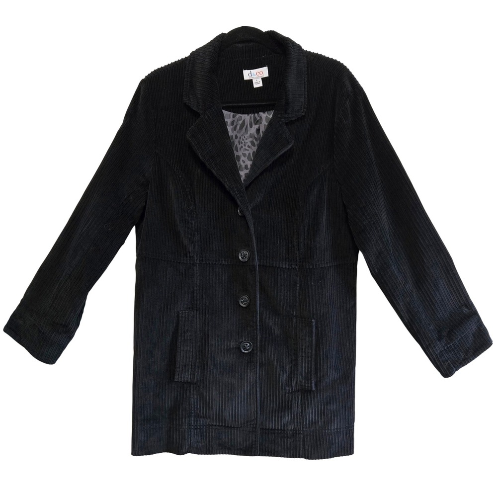 Denim & Co Y2K Black Corduroy Blazer Jacket Leopard Lining Women L Notch Lapel